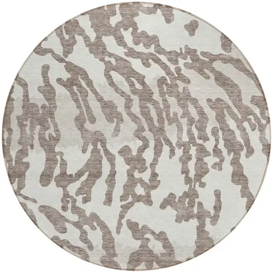 8' Taupe Brown And Ivory Round Animal Print Washable Indoor Outdoor Area Rug Photo 1