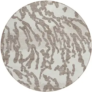 Photo of 8' Taupe Brown And Ivory Round Animal Print Washable Indoor Outdoor Area Rug