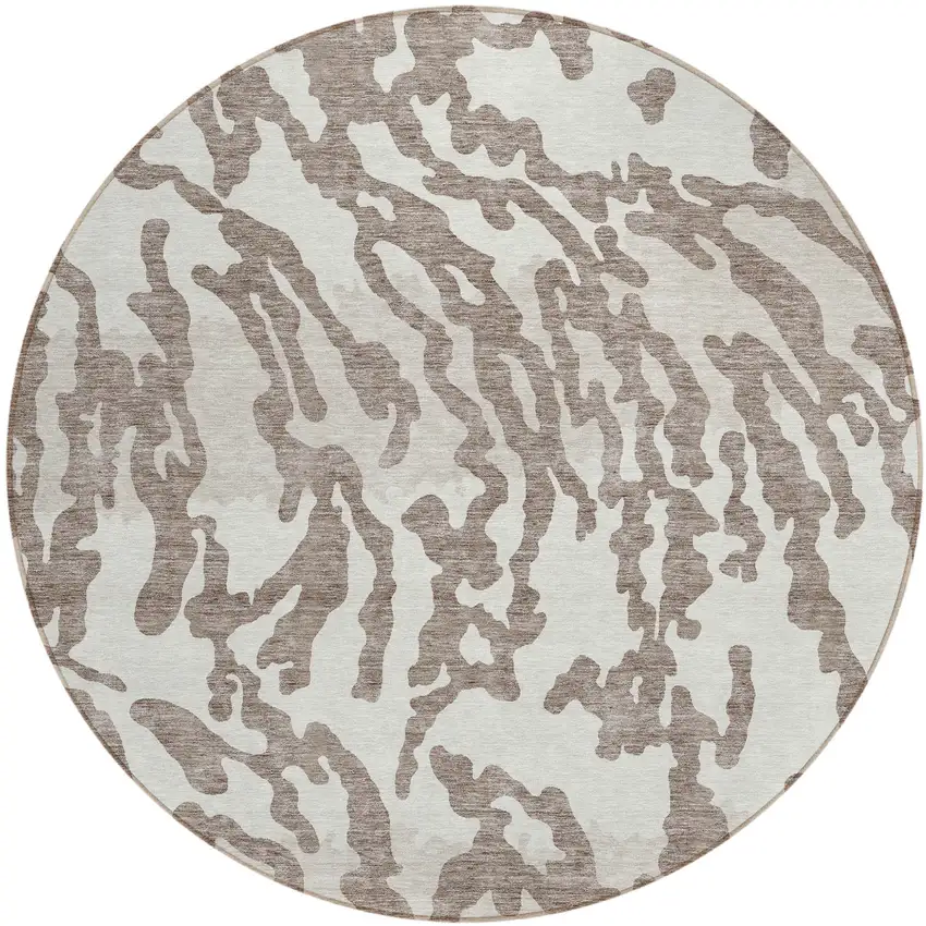 8' Taupe Brown And Ivory Round Animal Print Washable Indoor Outdoor Area Rug Photo 1