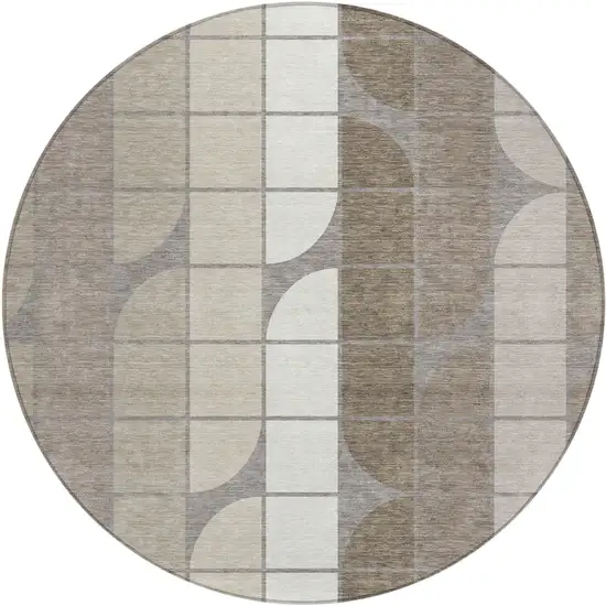 8' Taupe Brown And Ivory Round Geometric Washable Indoor Outdoor Area Rug Photo 1