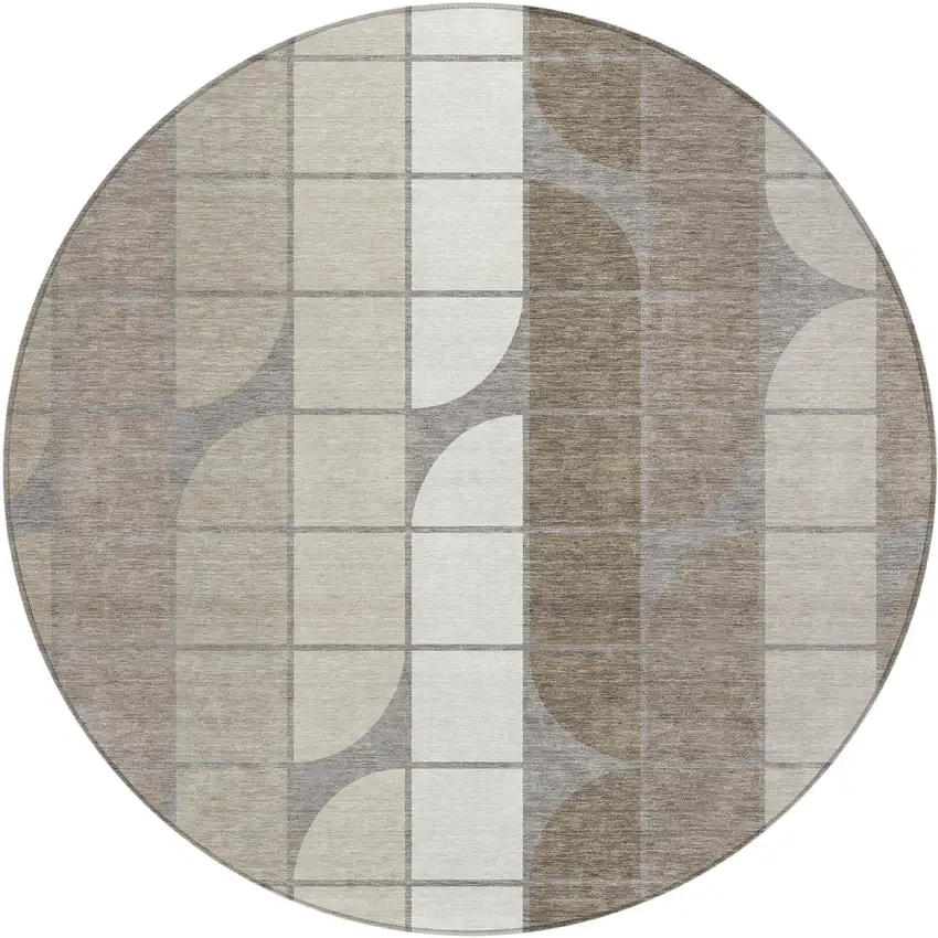 8' Taupe Brown And Ivory Round Geometric Washable Indoor Outdoor Area Rug Photo 1