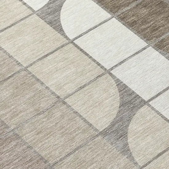 8' Taupe Brown And Ivory Round Geometric Washable Indoor Outdoor Area Rug Photo 9