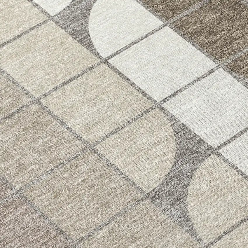 8' Taupe Brown And Ivory Round Geometric Washable Indoor Outdoor Area Rug Photo 9