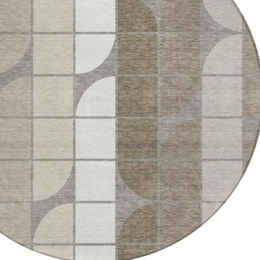 8' Taupe Brown And Ivory Round Geometric Washable Indoor Outdoor Area Rug Photo 2