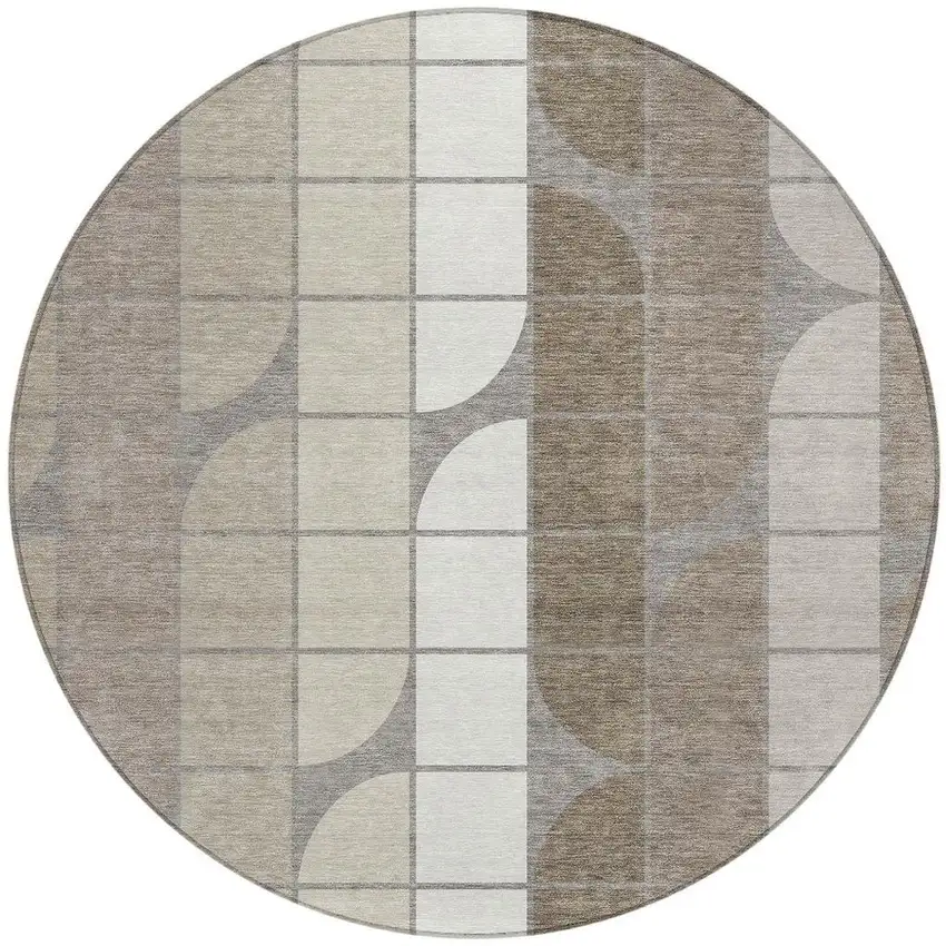 8' Taupe Brown And Ivory Round Geometric Washable Indoor Outdoor Area Rug Photo 3