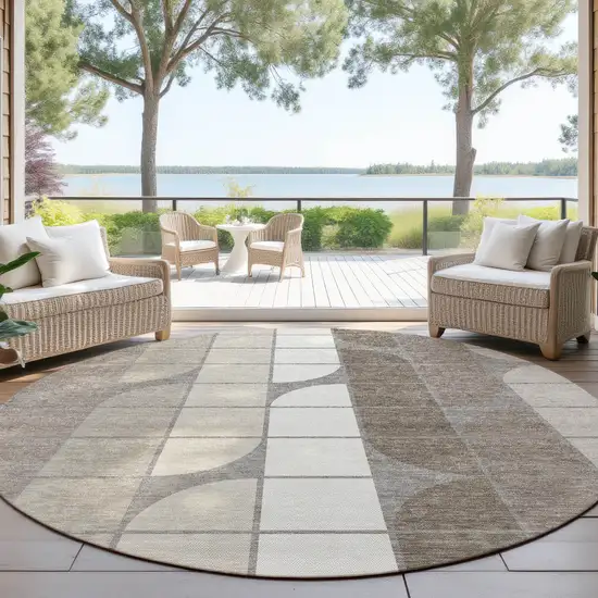 8' Taupe Brown And Ivory Round Geometric Washable Indoor Outdoor Area Rug Photo 4