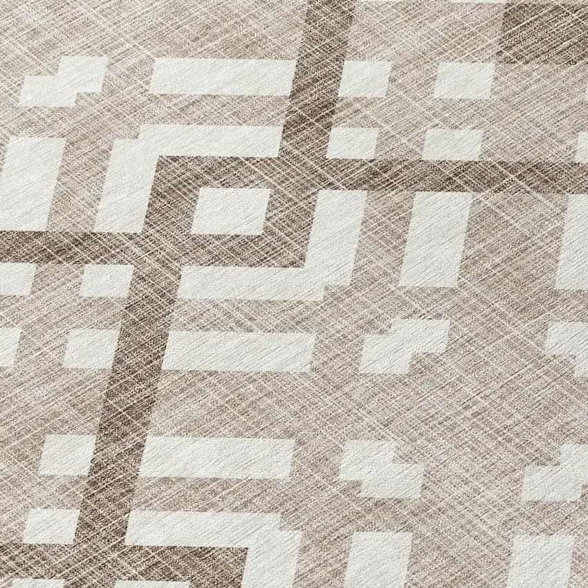 8' Taupe Brown And Ivory Round Geometric Washable Indoor Outdoor Area Rug Photo 4