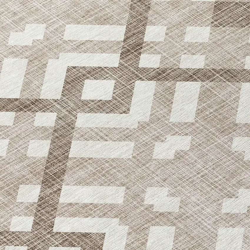 8' Taupe Brown And Ivory Round Geometric Washable Indoor Outdoor Area Rug Photo 4