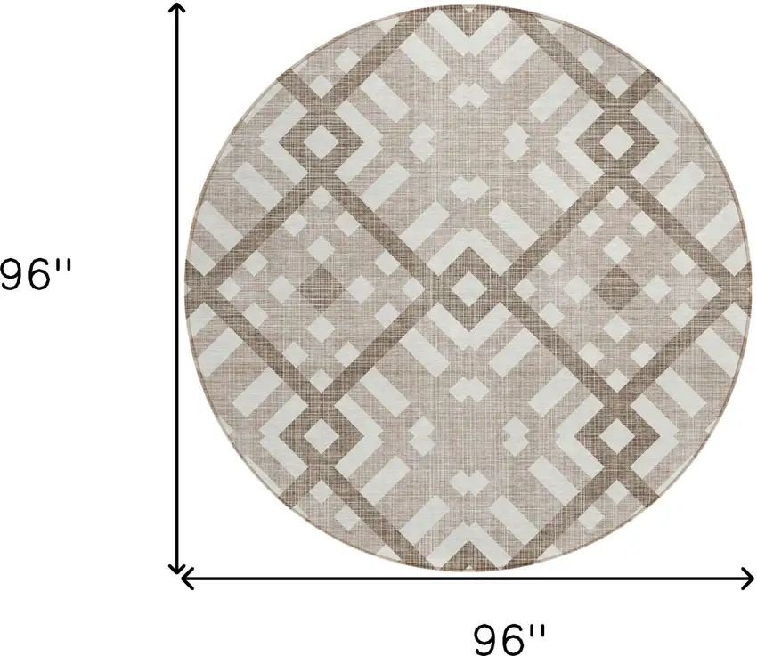 8' Taupe Brown And Ivory Round Geometric Washable Indoor Outdoor Area Rug Photo 3