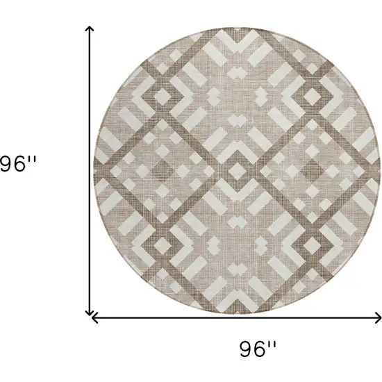 8' Taupe Brown And Ivory Round Geometric Washable Indoor Outdoor Area Rug Photo 3