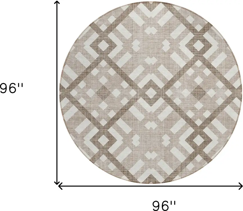 8' Taupe Brown And Ivory Round Geometric Washable Indoor Outdoor Area Rug Photo 3