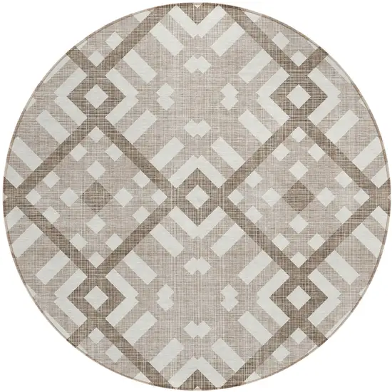 8' Taupe Brown And Ivory Round Geometric Washable Indoor Outdoor Area Rug Photo 2