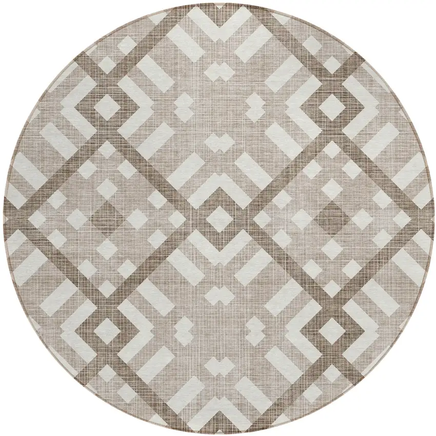 8' Taupe Brown And Ivory Round Geometric Washable Indoor Outdoor Area Rug Photo 2