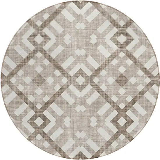 8' Taupe Brown And Ivory Round Geometric Washable Indoor Outdoor Area Rug Photo 2