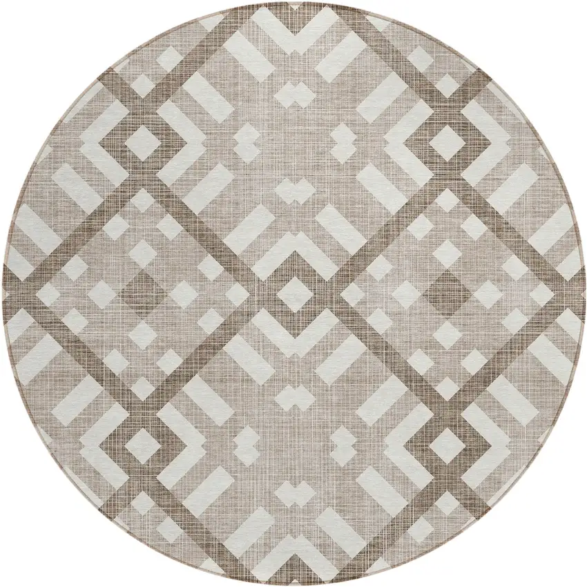 8' Taupe Brown And Ivory Round Geometric Washable Indoor Outdoor Area Rug Photo 2