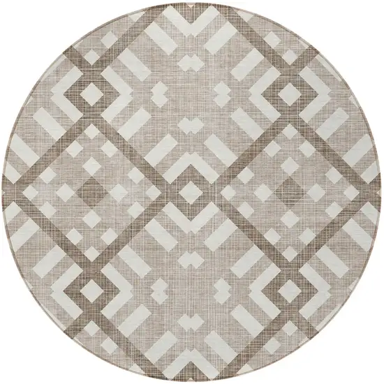 8' Taupe Brown And Ivory Round Geometric Washable Indoor Outdoor Area Rug Photo 5