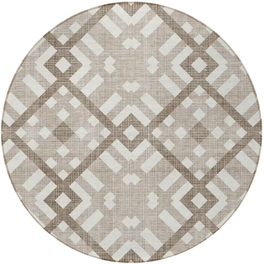 8' Taupe Brown And Ivory Round Geometric Washable Indoor Outdoor Area Rug Photo 5