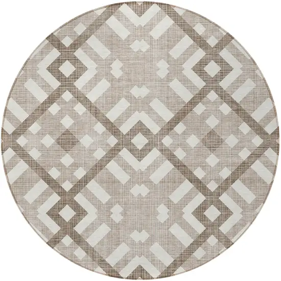 8' Taupe Brown And Ivory Round Geometric Washable Indoor Outdoor Area Rug Photo 5