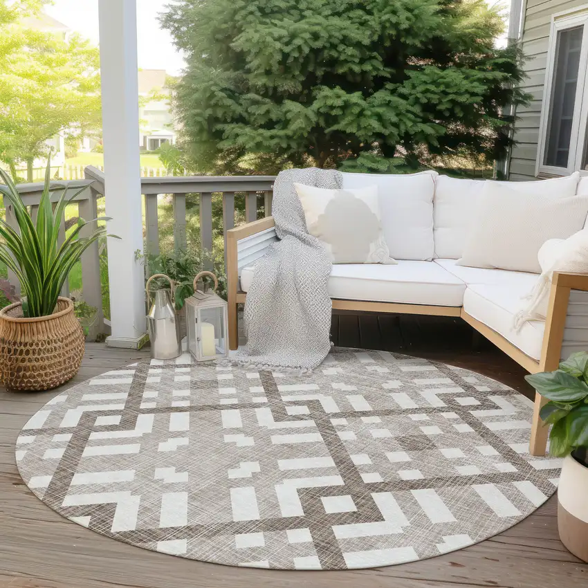 8' Taupe Brown And Ivory Round Geometric Washable Indoor Outdoor Area Rug Photo 6