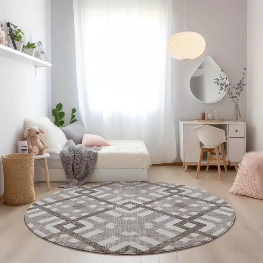 8' Taupe Brown And Ivory Round Geometric Washable Indoor Outdoor Area Rug Photo 7
