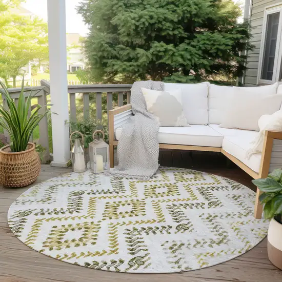 8' Taupe Brown And Ivory Round Geometric Washable Indoor Outdoor Area Rug Photo 7