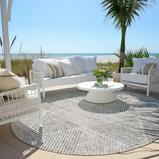 8' Taupe Brown And Ivory Round Geometric Washable Indoor Outdoor Area Rug Photo 8
