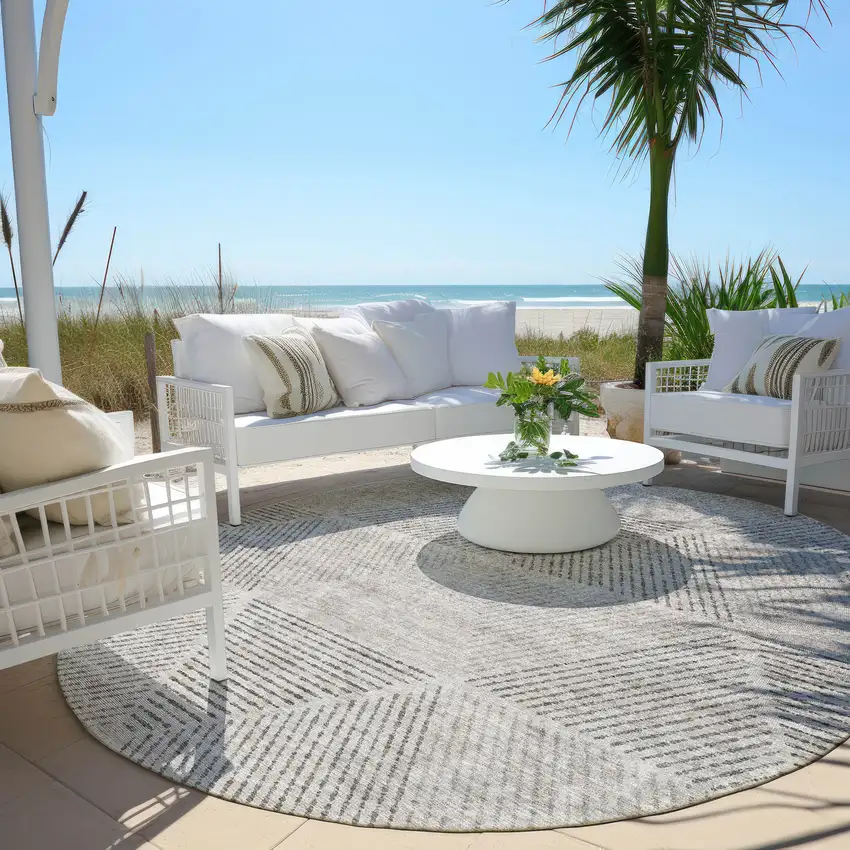 8' Taupe Brown And Ivory Round Geometric Washable Indoor Outdoor Area Rug Photo 8