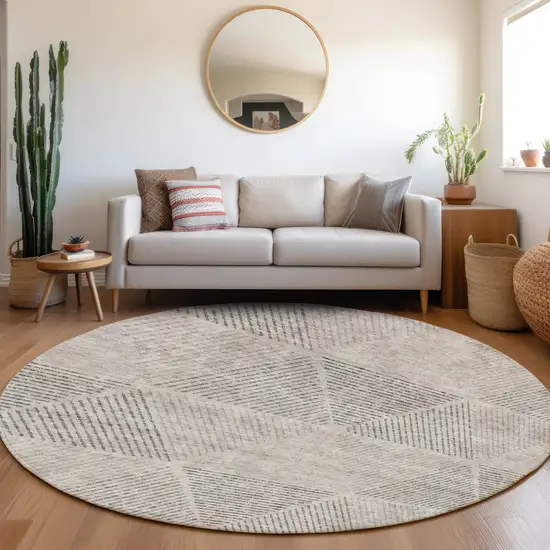 8' Taupe Brown And Ivory Round Geometric Washable Indoor Outdoor Area Rug Photo 9