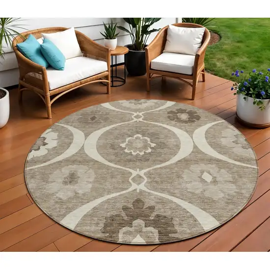 8' Taupe Brown And Ivory Round Medallion Washable Indoor Outdoor Area Rug Photo 1