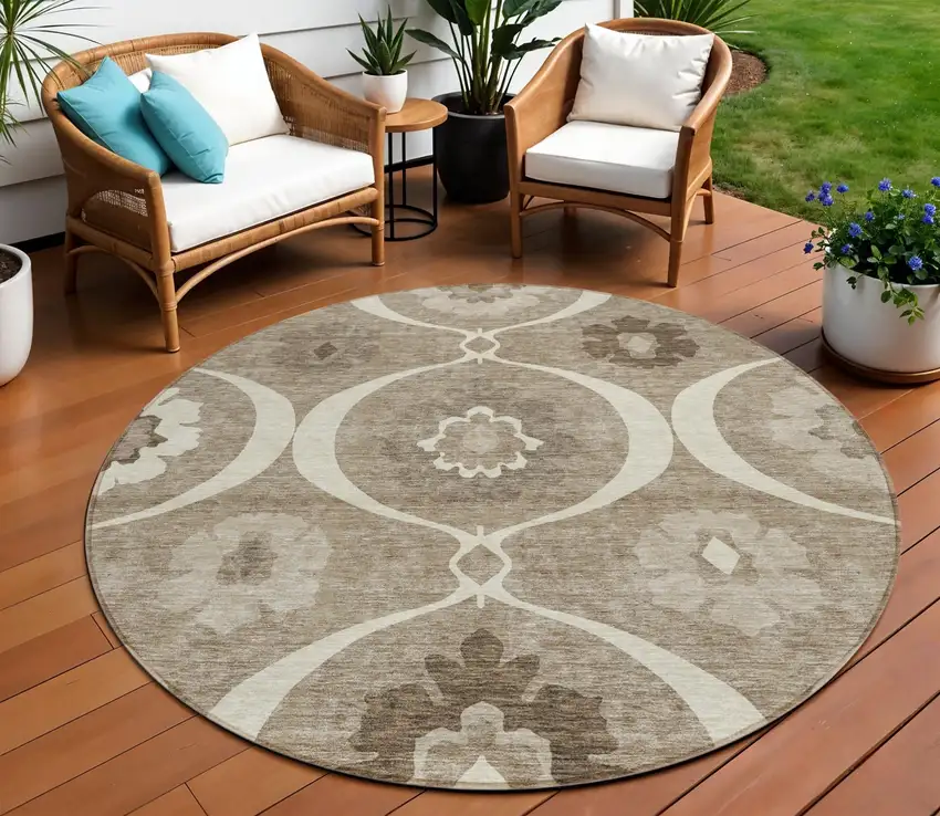 8' Taupe Brown And Ivory Round Medallion Washable Indoor Outdoor Area Rug Photo 1