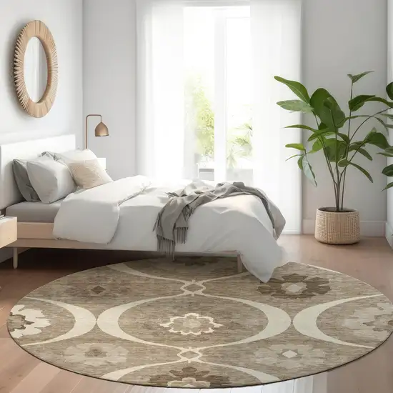 8' Taupe Brown And Ivory Round Medallion Washable Indoor Outdoor Area Rug Photo 8
