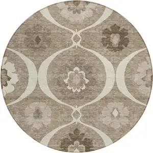 Photo of 8' Taupe Brown And Ivory Round Medallion Washable Indoor Outdoor Area Rug