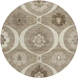 Photo of 8' Taupe Brown And Ivory Round Medallion Washable Indoor Outdoor Area Rug