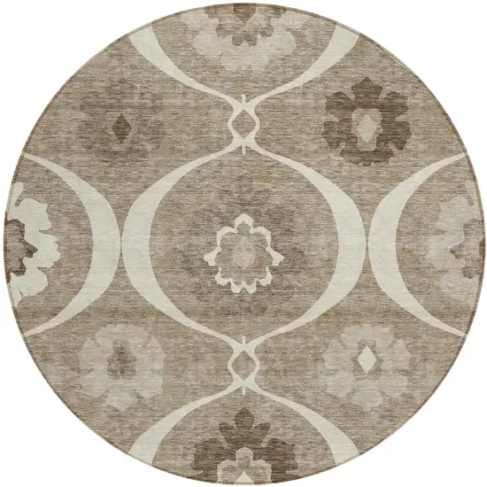 8' Taupe Brown And Ivory Round Medallion Washable Indoor Outdoor Area Rug Photo 2