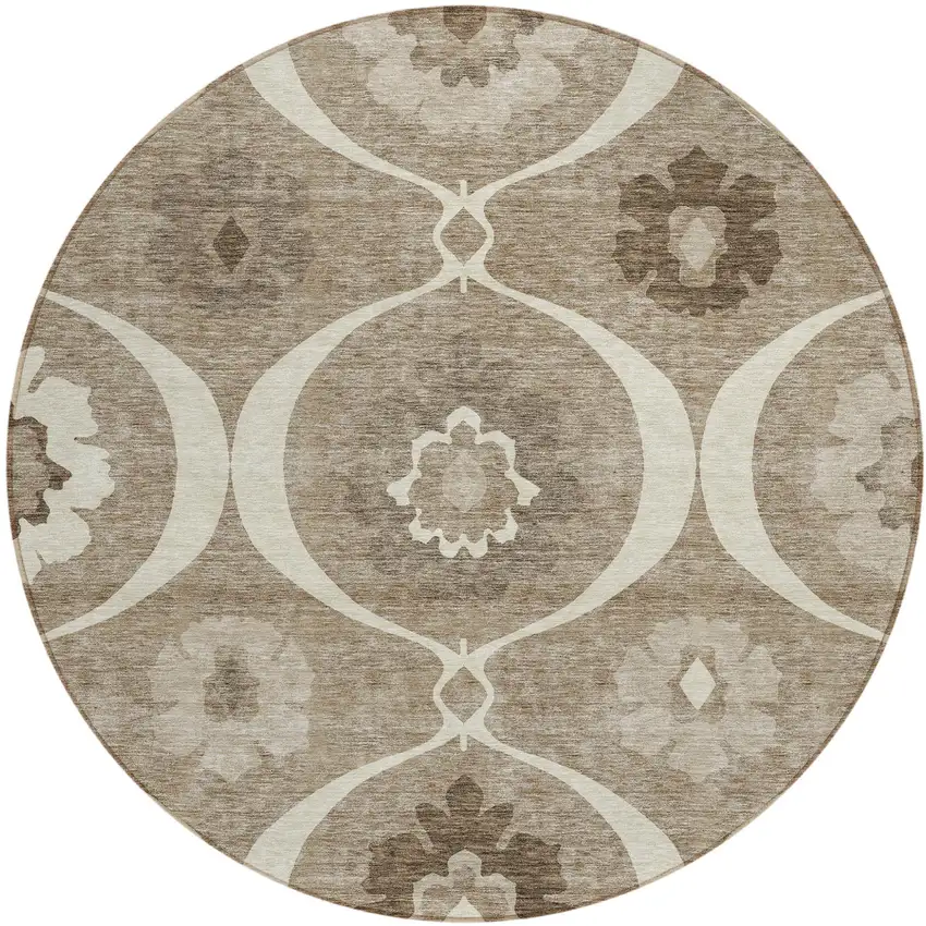 8' Taupe Brown And Ivory Round Medallion Washable Indoor Outdoor Area Rug Photo 2