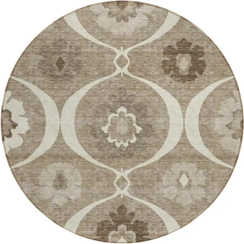 8' Taupe Brown And Ivory Round Medallion Washable Indoor Outdoor Area Rug Photo 2