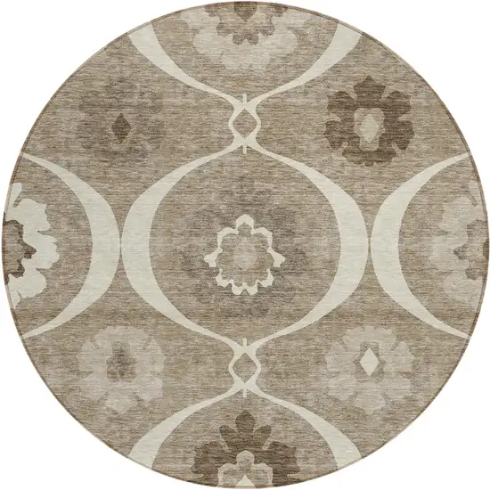 8' Taupe Brown And Ivory Round Medallion Washable Indoor Outdoor Area Rug Photo 2