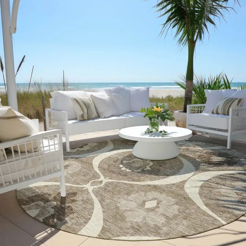 8' Taupe Brown And Ivory Round Medallion Washable Indoor Outdoor Area Rug Photo 7