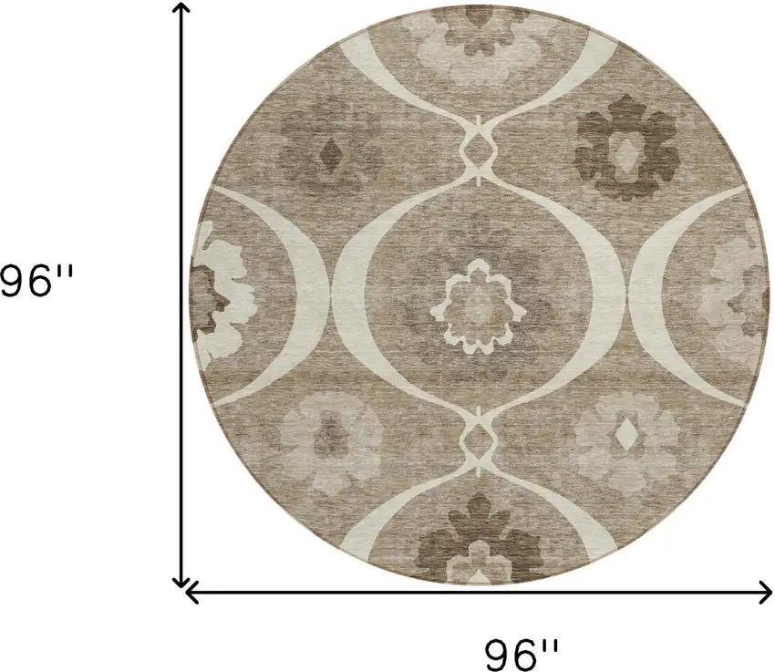 8' Taupe Brown And Ivory Round Medallion Washable Indoor Outdoor Area Rug Photo 3