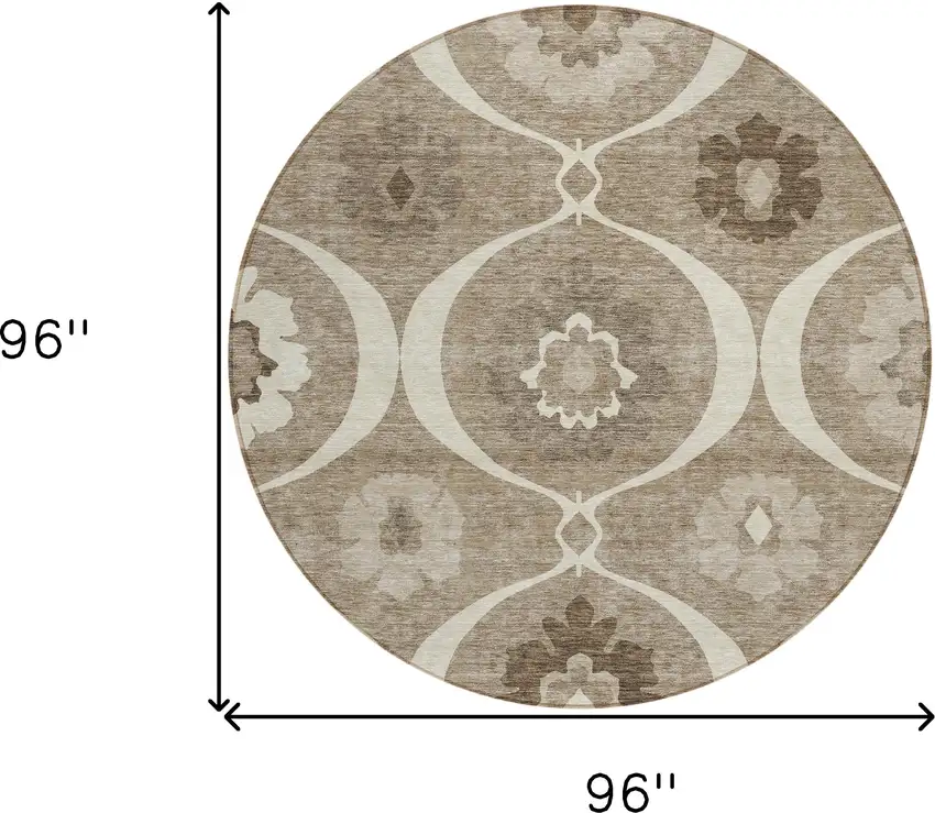 8' Taupe Brown And Ivory Round Medallion Washable Indoor Outdoor Area Rug Photo 3