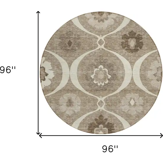 8' Taupe Brown And Ivory Round Medallion Washable Indoor Outdoor Area Rug Photo 3