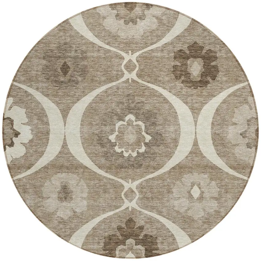 8' Taupe Brown And Ivory Round Medallion Washable Indoor Outdoor Area Rug Photo 6