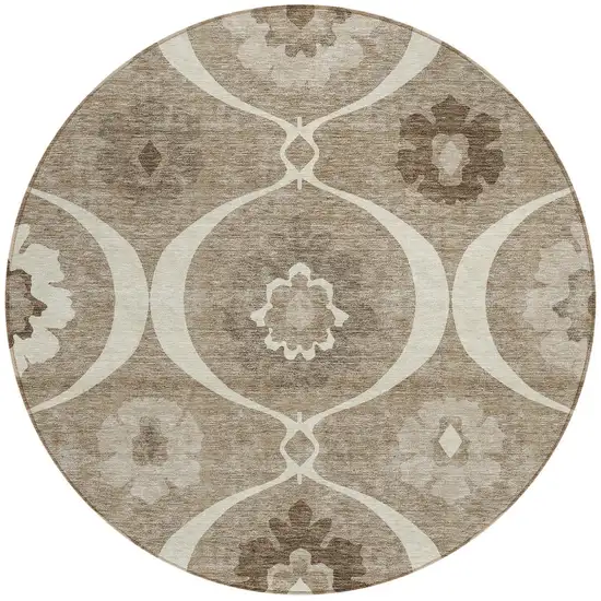 8' Taupe Brown And Ivory Round Medallion Washable Indoor Outdoor Area Rug Photo 6