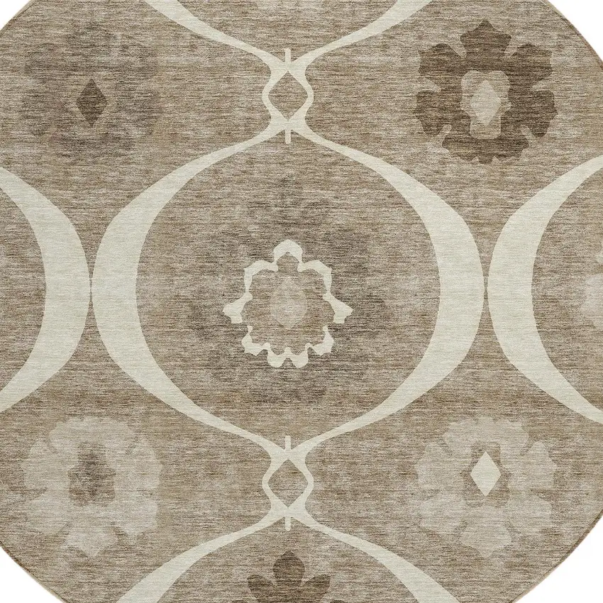 8' Taupe Brown And Ivory Round Medallion Washable Indoor Outdoor Area Rug Photo 4