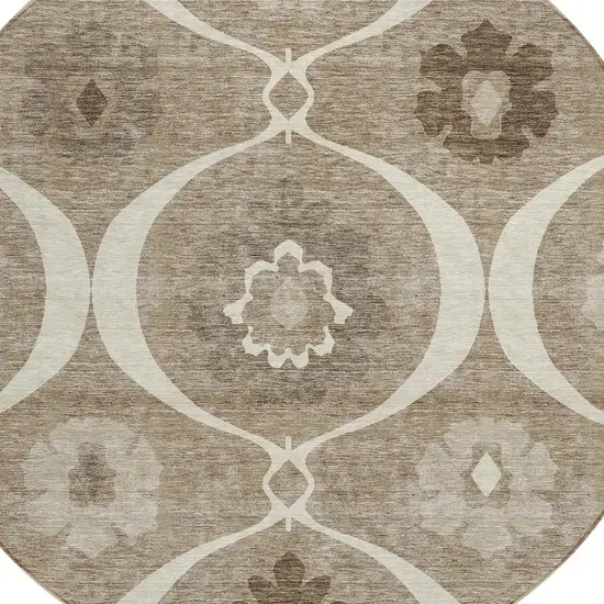 8' Taupe Brown And Ivory Round Medallion Washable Indoor Outdoor Area Rug Photo 4
