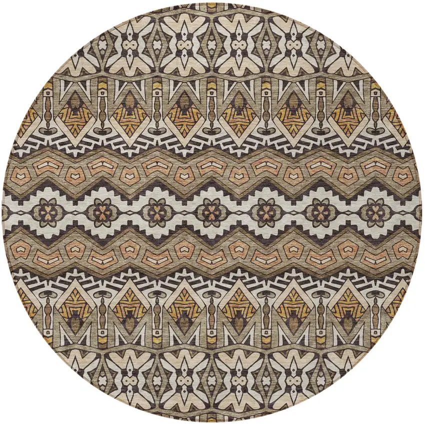 8' Taupe Brown And Ivory Round Moroccan Washable Indoor Outdoor Area Rug Photo 6