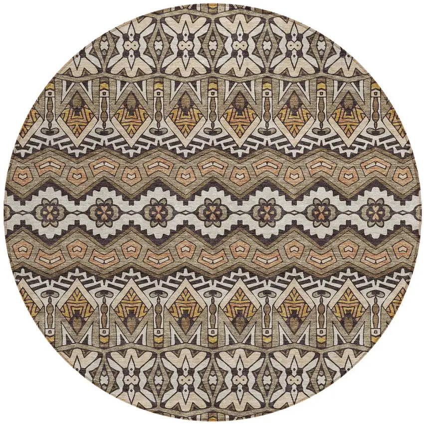 8' Taupe Brown And Ivory Round Moroccan Washable Indoor Outdoor Area Rug Photo 5