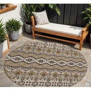 Photo of 8' Taupe Brown And Ivory Round Moroccan Washable Indoor Outdoor Area Rug