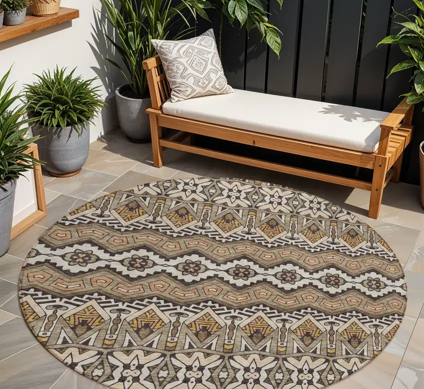 8' Taupe Brown And Ivory Round Moroccan Washable Indoor Outdoor Area Rug Photo 1