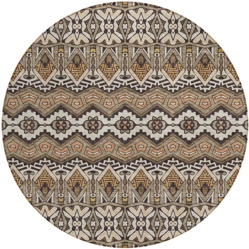 8' Taupe Brown And Ivory Round Moroccan Washable Indoor Outdoor Area Rug Photo 2